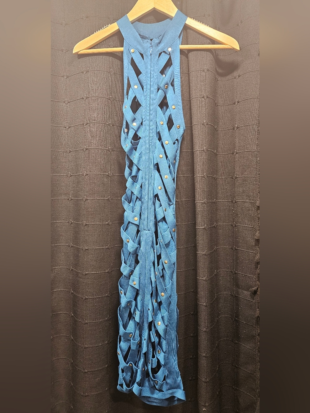 Bebe Mykonos Blue Studded Cage Bandage Dress - Size S - Sexy Bodycon Mini - Picture 2 of 7